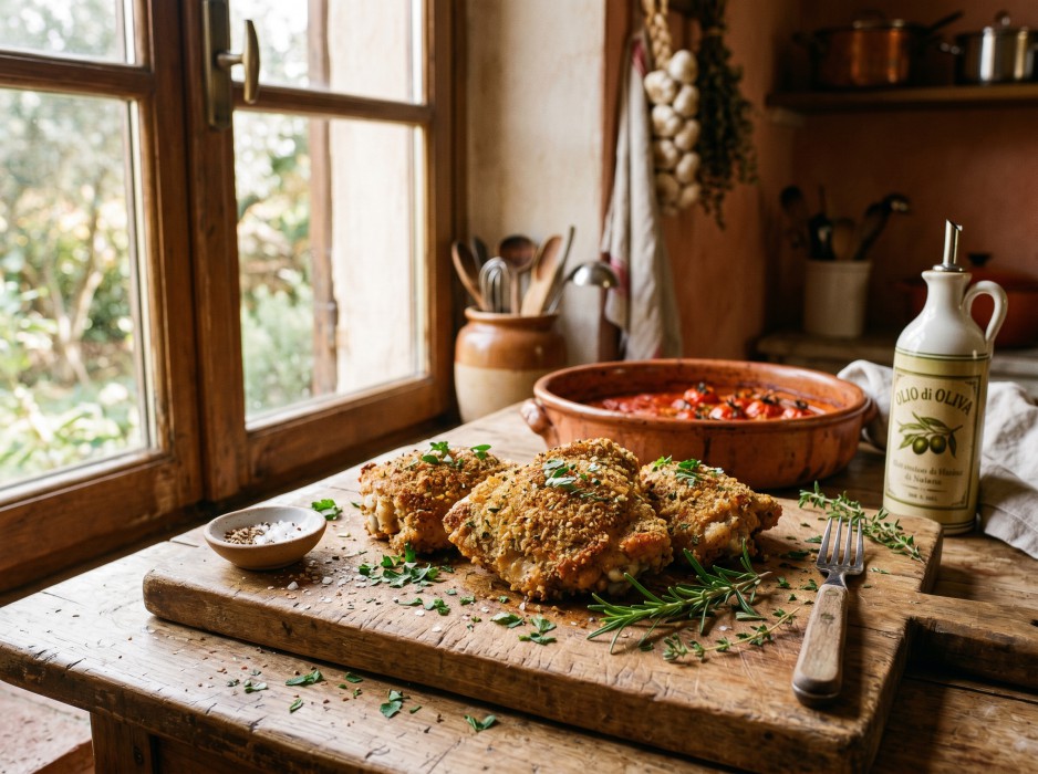Rustic golden breaded chicken thighs
