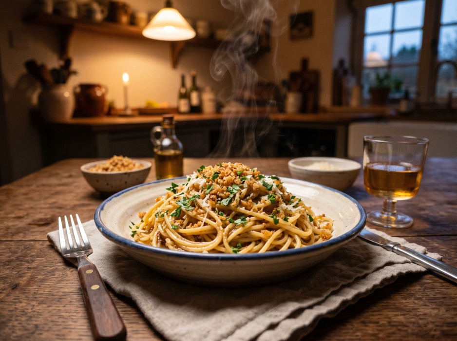 Rustic plate of spaghetti with