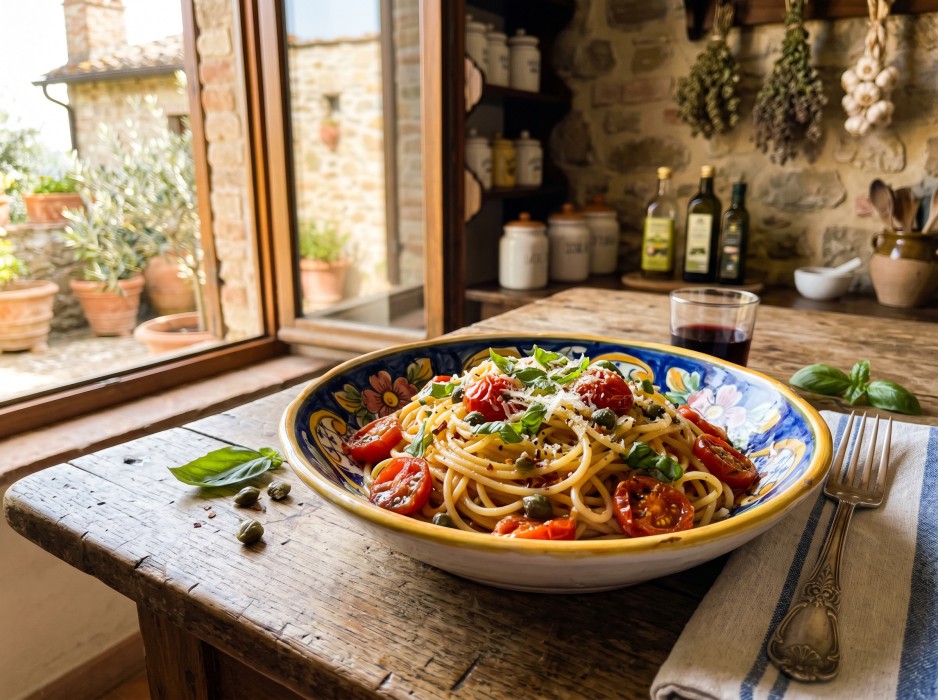 Rustic Italian spaghetti with fresh