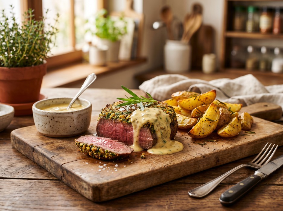 Rustic beef medallion with golden