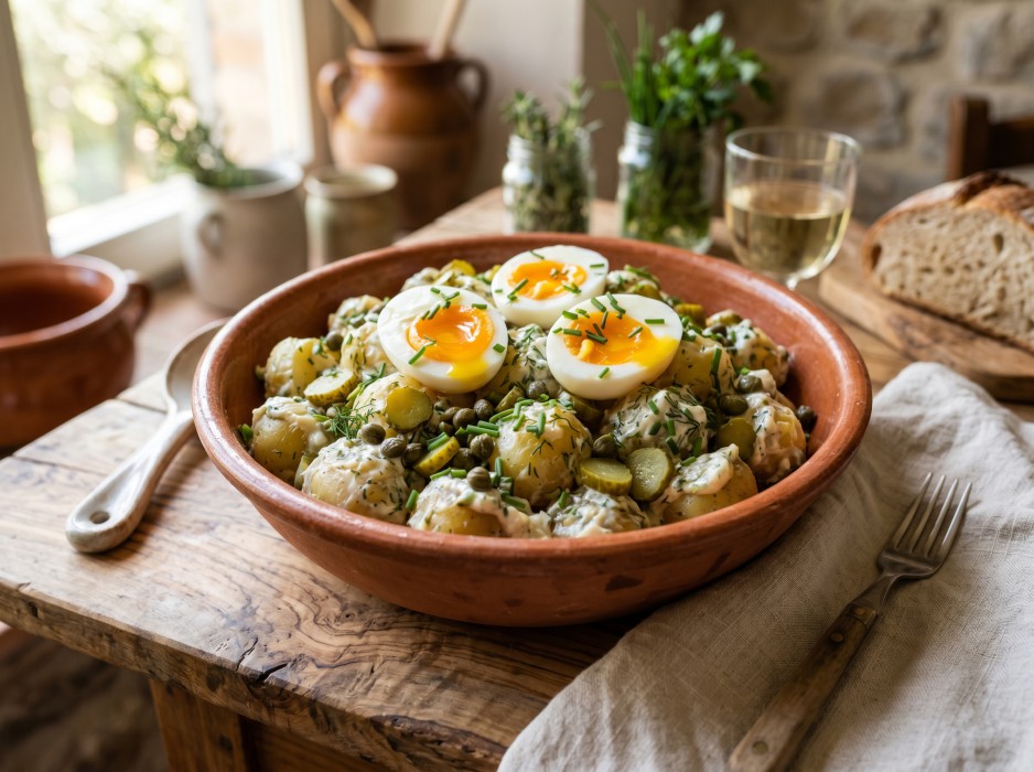 Warm potato salad with soft
